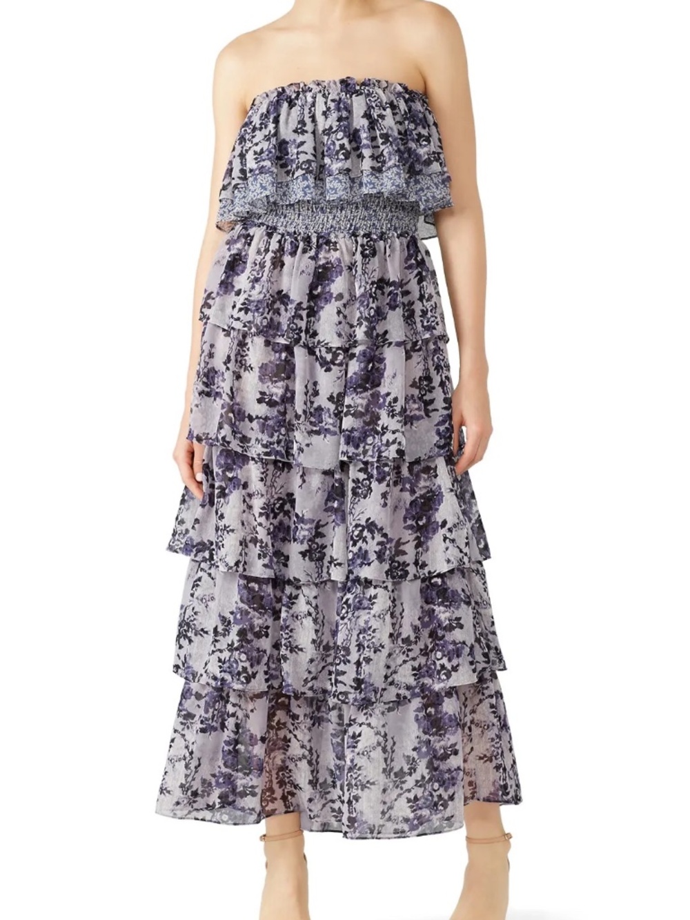 Misa Los Angeles Nadia Strapless Maxi Dress in Blue Floral Chiffon | Size Medium